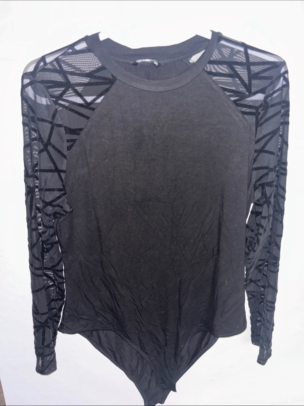 SHEIN Black Geometric Sheer-Sleeve Long Sleeve Bodysuit